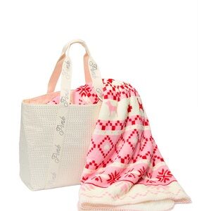 PINK Victoria's Secret White Bling Tote with Pink Blanket NWT